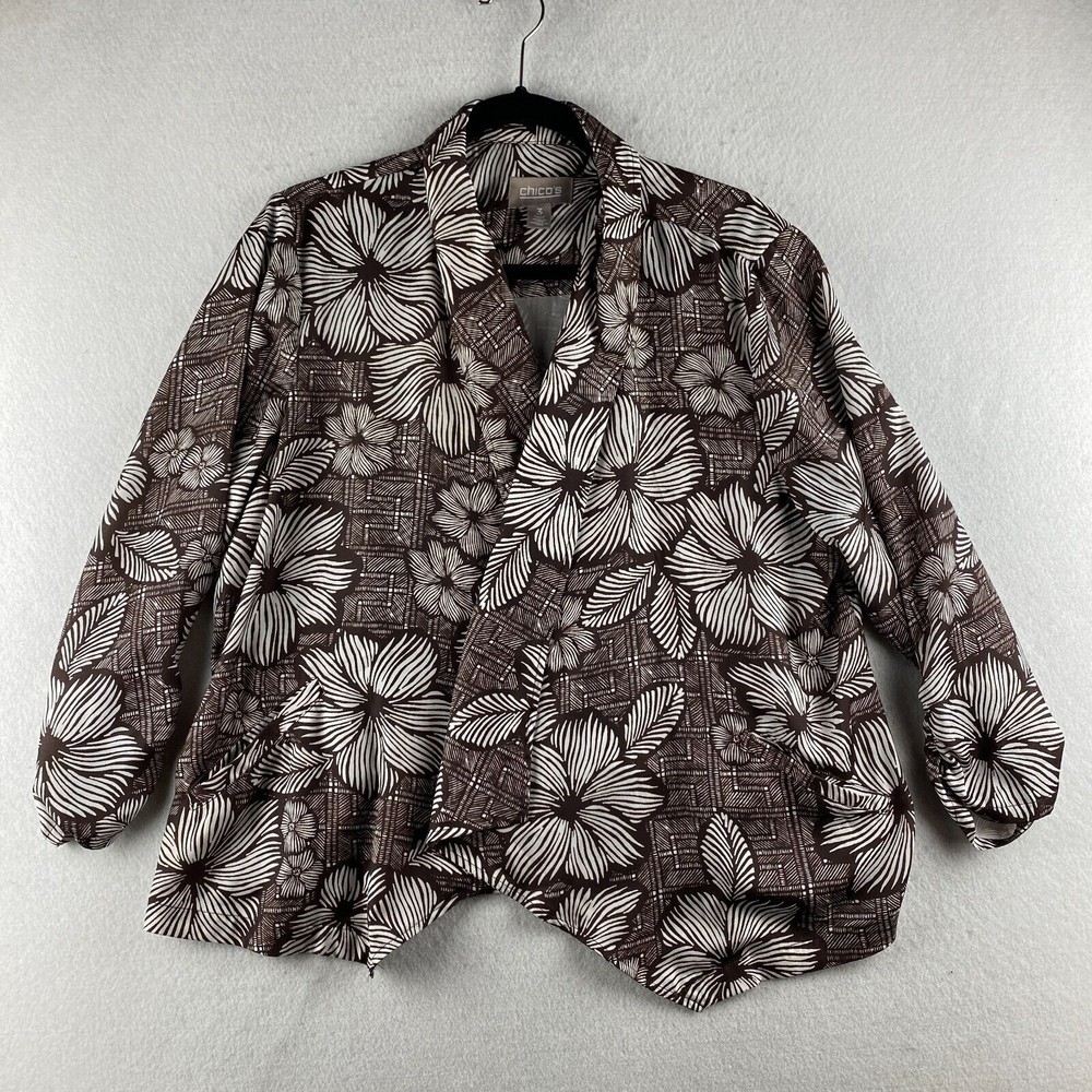 Chicos Cardigan Womens 3 Brown Hawaiian Shirt Theme Floral Print Open Front